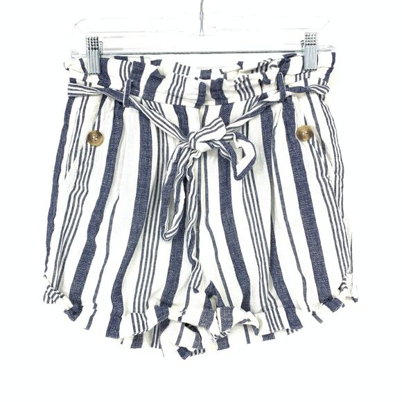 Topshop Pants - Topshop Shorts Women's Size 6 Cotton-Linen Striped Paper Bag White/Blue